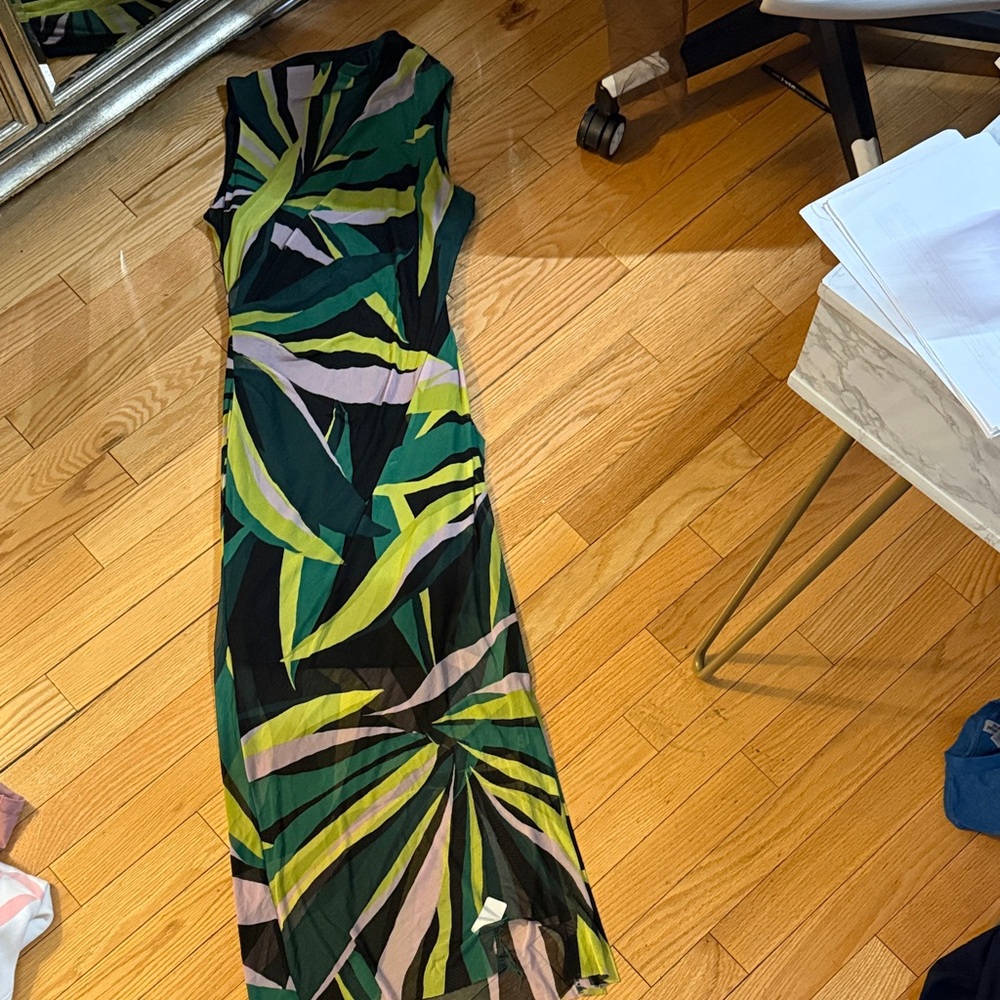 Donna Morgan Green and Pink Leaf Maxi Dress